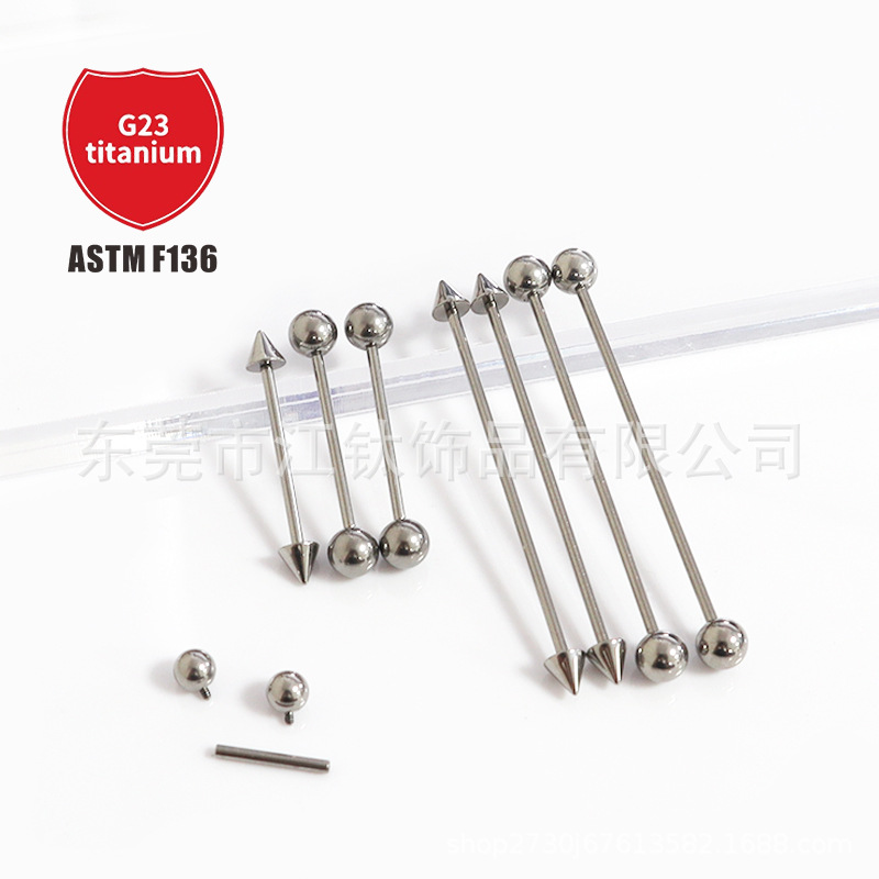 F136 titanium inner teeth double pointed cone round ball straight bar barbell tongue nail breast nail G23 titanium alloy body piercing jewelry