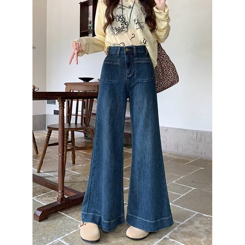 dark blue Vintage Pocket Micro-Lar Jeans Women's Autumn Tall All-match Loose Wide-leg Pants Trousers Autumn and Winter