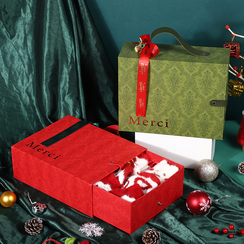 Christmas portable box green vintage bow gift box red pull-out gift box scarf socks packing box