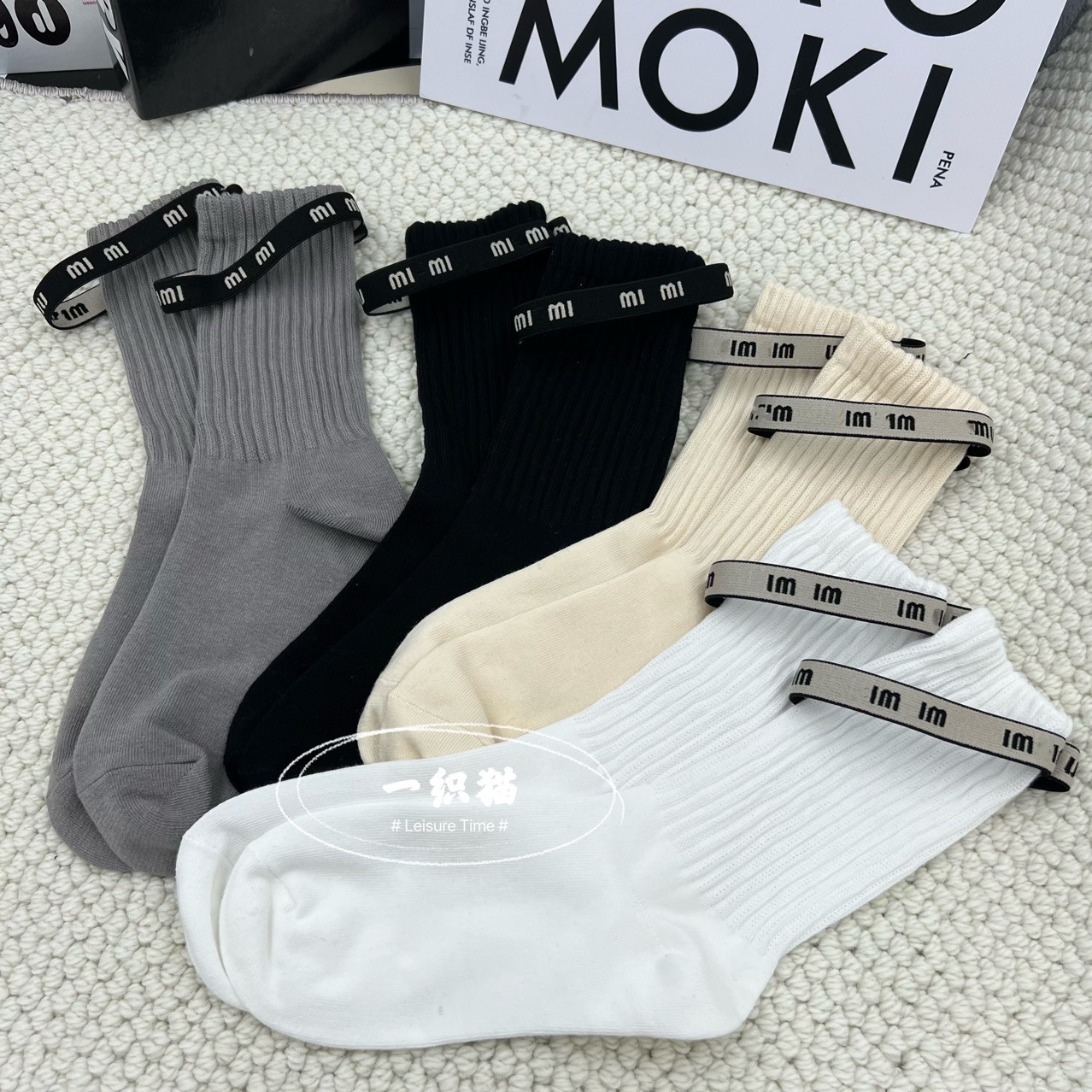 One-woven cat autumn and winter New European socks women's personalized letter ribbon mid-calf length socks Internet celebrity same style pile socks fashion socks