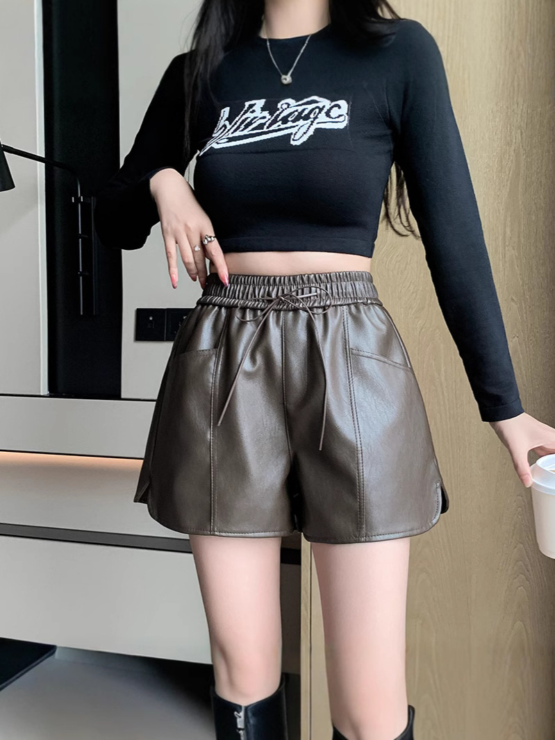 2024 autumn and winter new leather shorts women's elastic waist small fashion casual pu leather pants high waist slim wide leg pants
