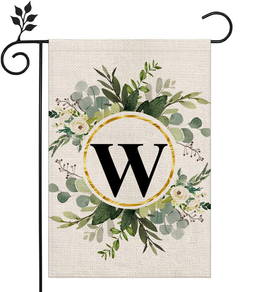 Picture of Simple ins style 26 letters + green plant printed linen garden flag surname initials courtyard door flag