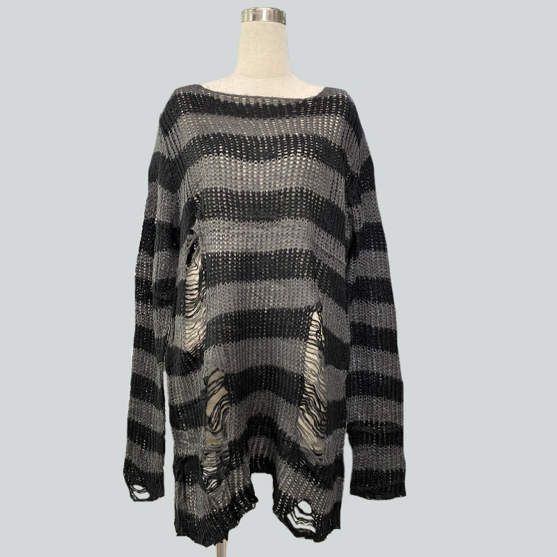 Picture of Mohair New European and American Export Loose Stripesd Knitwear Women's Mid-Length Pullover Hole Thin Cross-Border Knitwear