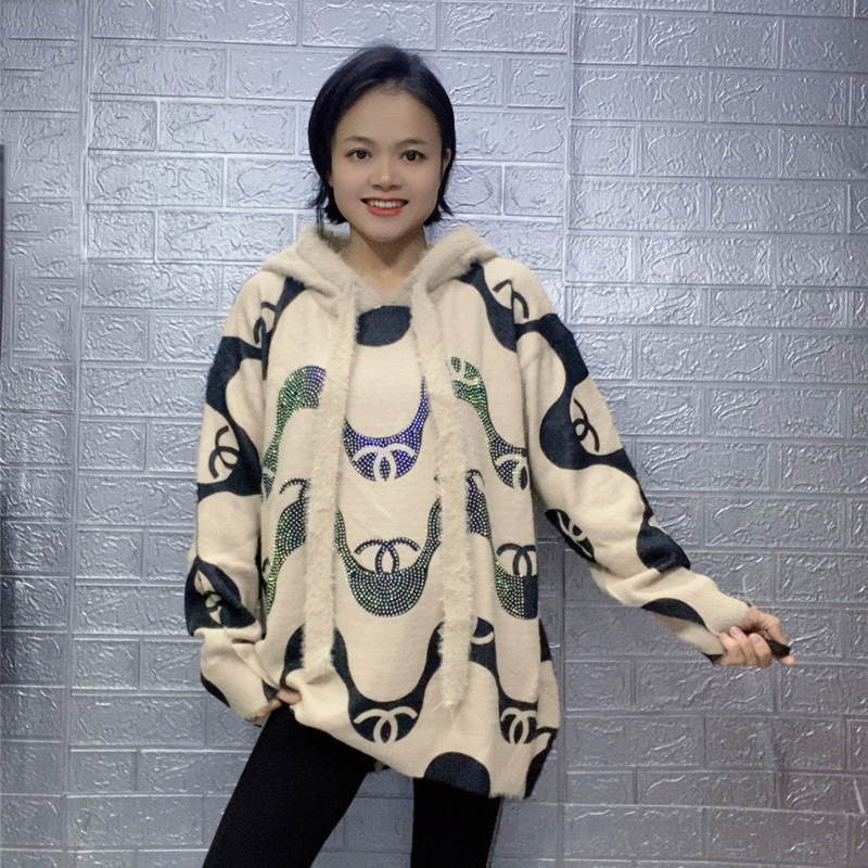 Vintage Chanel Style Mink Velvet Hot Drilling Hooded Sweater Women's Autumn and Winter Loose Lazy Style Sweater All-match Long-sleeved Top