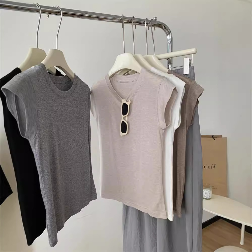2024 Summer Thin Simple Atmospheric Flying Sleeve T-shirt Women's Short Sleeve Slimming All-match Shoulder Short Sleeveless Top