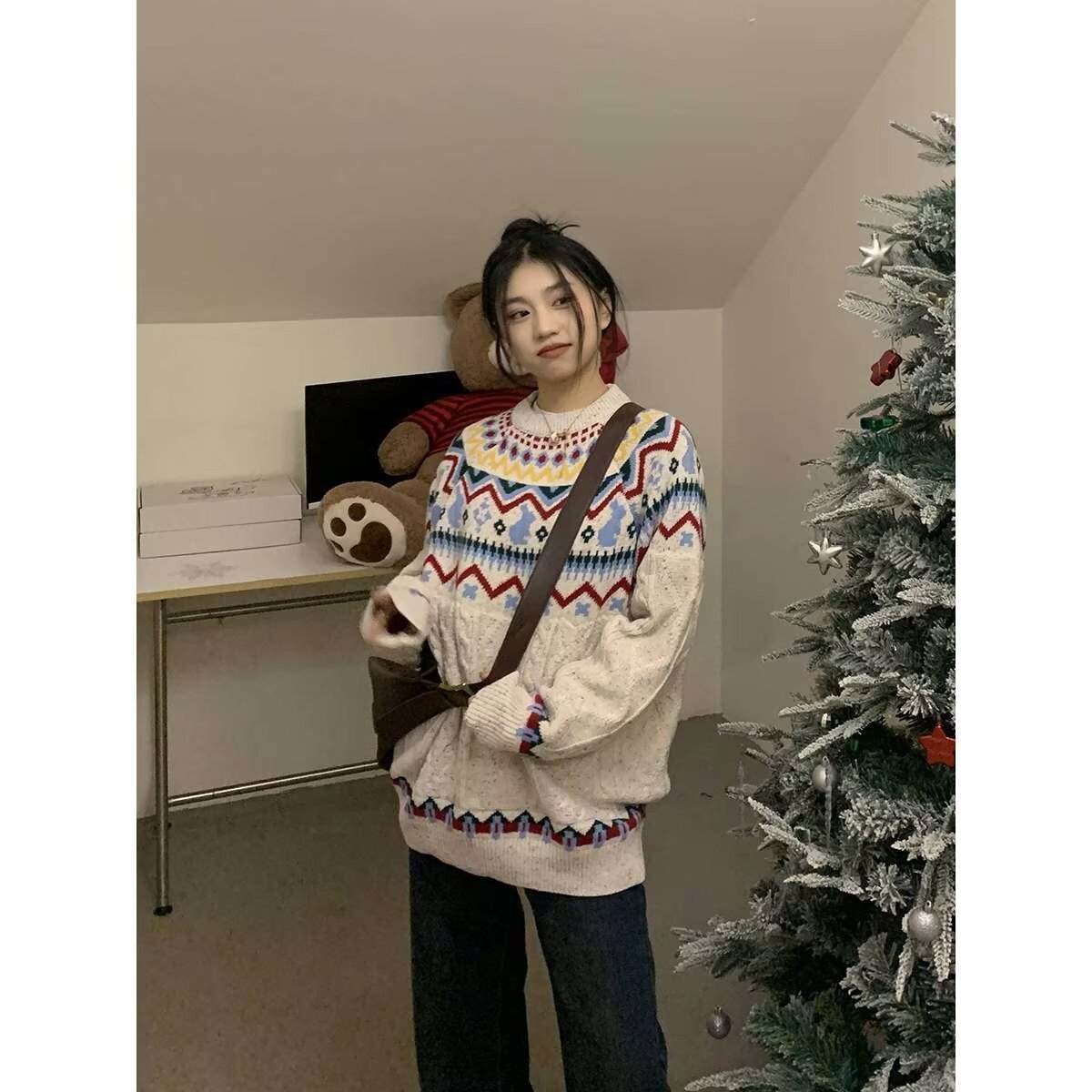 Couple's Autumn and Winter Retro Plaid Fair Isle Style Cross-Border Red Sweater Lazy Style Contrasting Color Couple's Knitwear