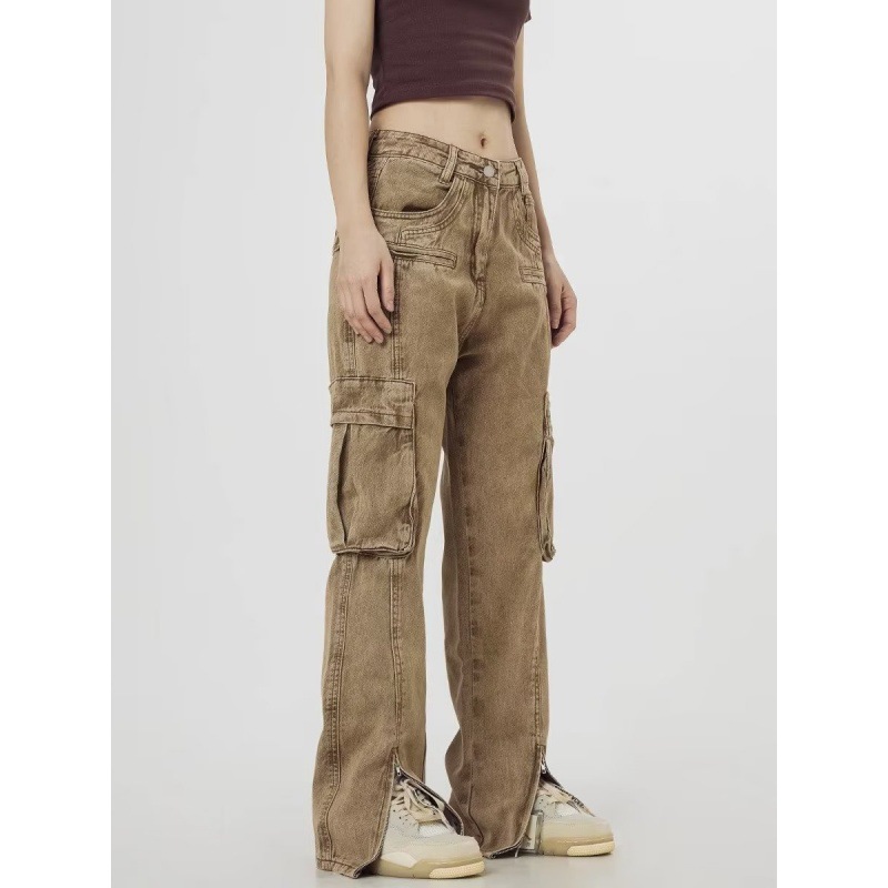 2024 sports overalls women's new American style high street handsome loose wide leg pants multi-pocket jeans casual pants