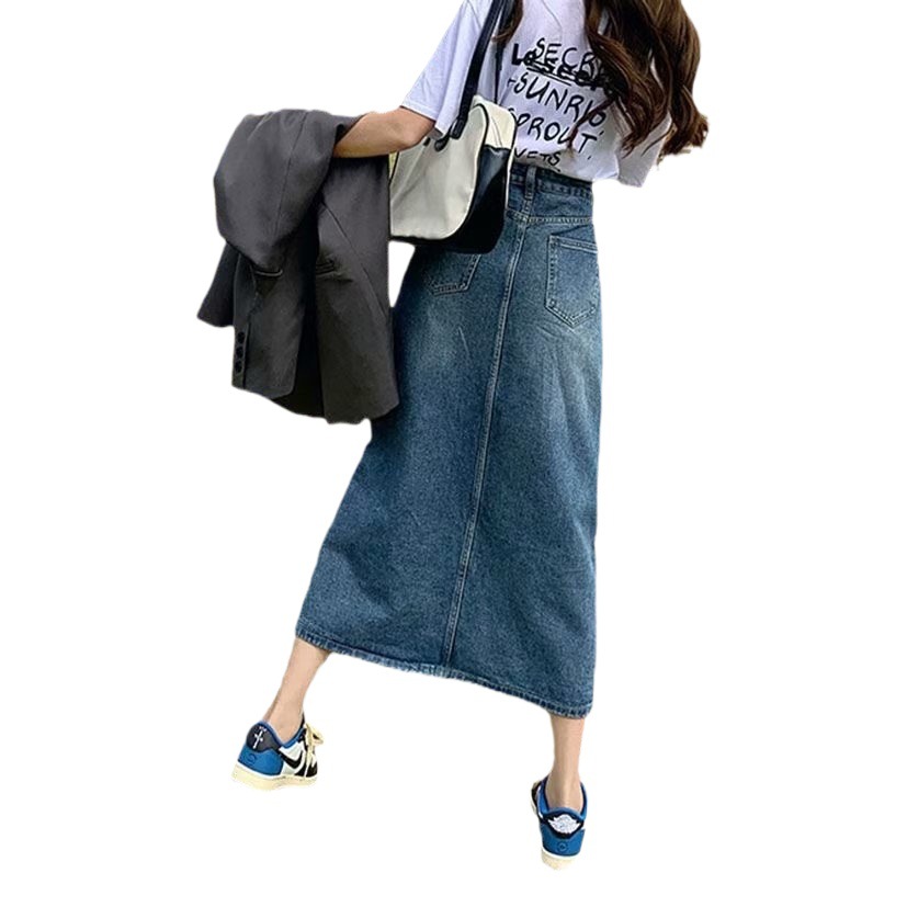 High Waist Split Denim Skirt Women's 2023 New Autumn Mid-Length Hip Covering A- Shaped Small Hip Skirt