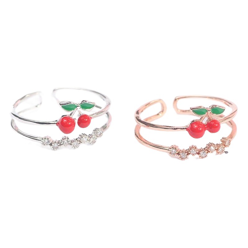 Korean Style Color-retaining Sweet Cute Oil-dripping Cherry Ring Simple All-match Double-layer Micro-inlaid Zircon Adjustable Ring
