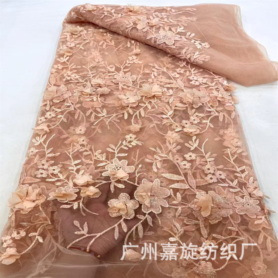 New European and American Wedding Dress 3D Flower Flat Embroidery Mesh Lace Fabric Spring and Summer Children's Wear dress Fabric