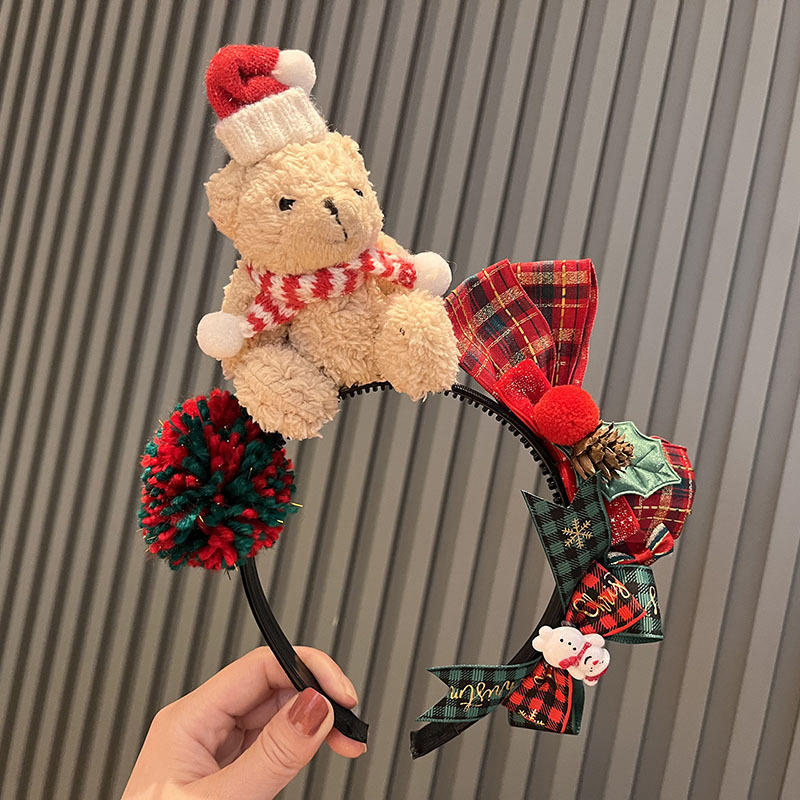Picture of Cartoon super cute Christmas bear headband warm Christmas scarf bear headband red and green bow headwear