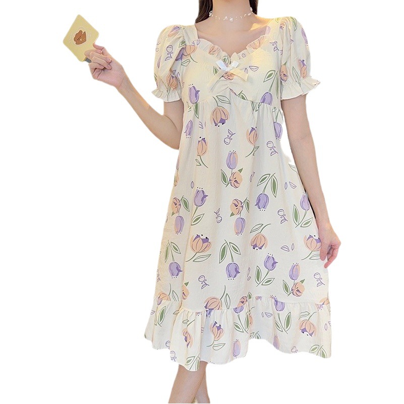 Foreign Trade Women's Pajamas New Style Breast Pad Summer Woven Cloud Cotton Home Nightgown Mid-Length Plus Fat Women's Pajamas