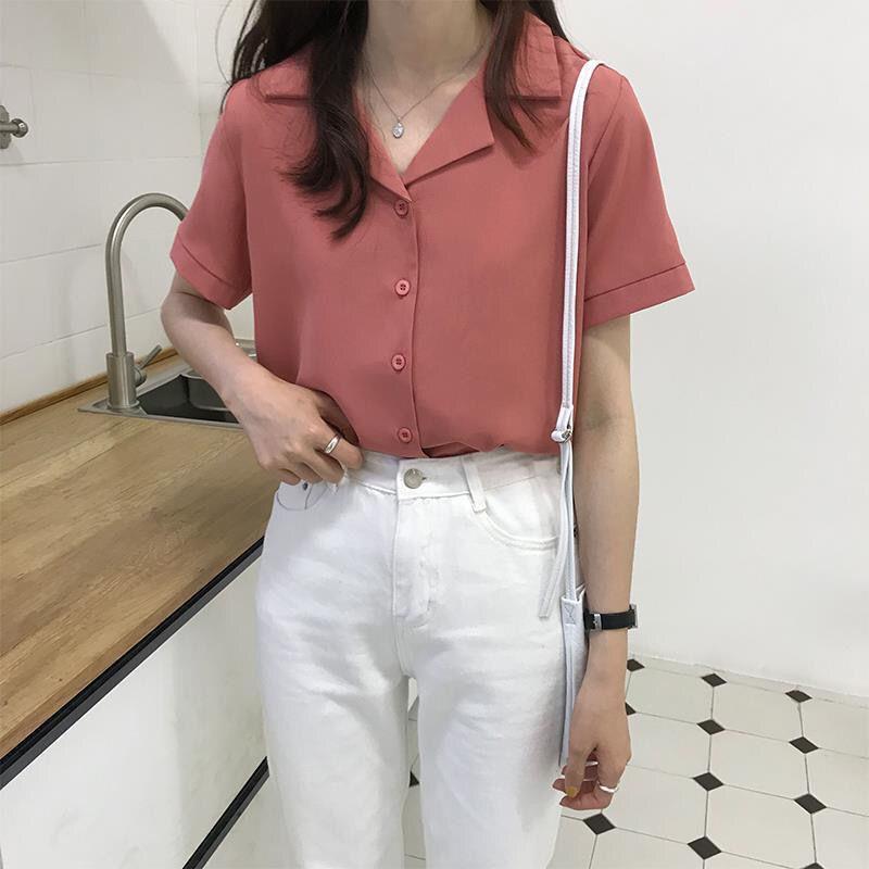 2025 spring and summer college style retro Korean professional suit collar turn students short sleeve shirt women's solid color top