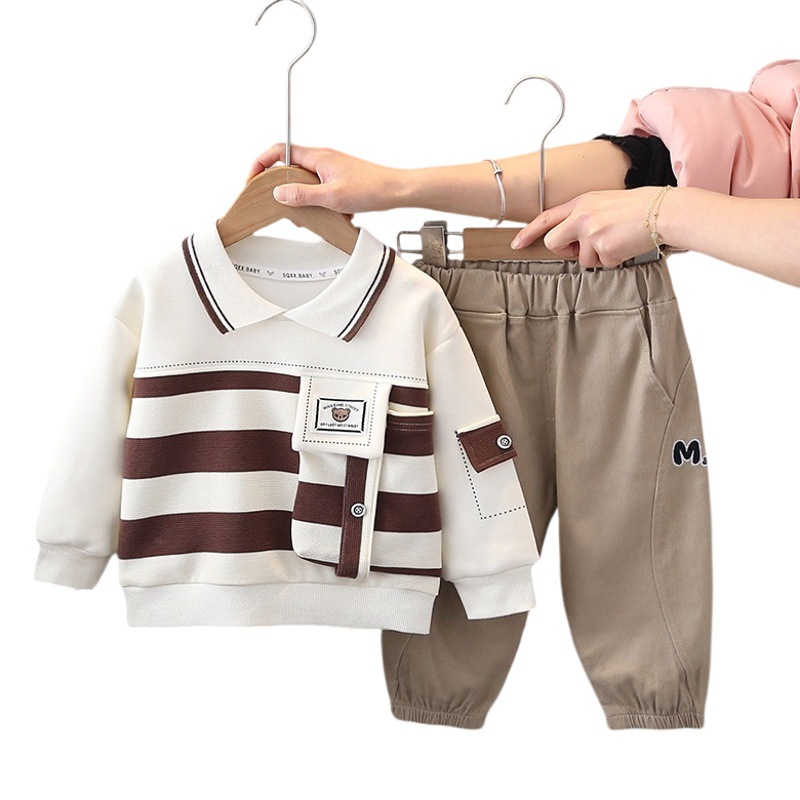 Five Little seven children's clothing 2024 Spring and Autumn new 0-5 years old boys and girls striped large pocket lapel sweater suit