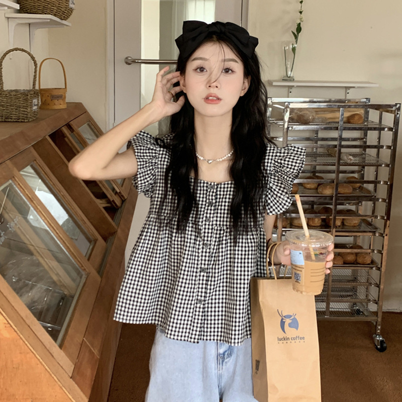 Short Shirt Plaid French style puff sleeve exposed navel flying sleeve shirt women's new summer chiffon 2024 short sleeve