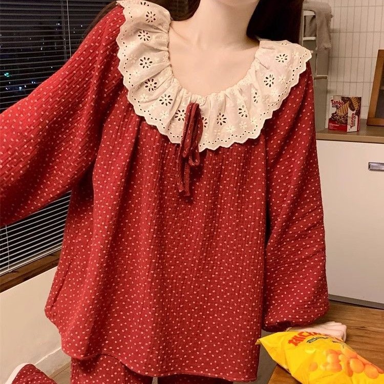 Red Pajamas Women's Spring and Autumn Long Sleeve Pants Princess Lace Style Wave Dot Autumn and Winter 2025 New Home Clothes suit