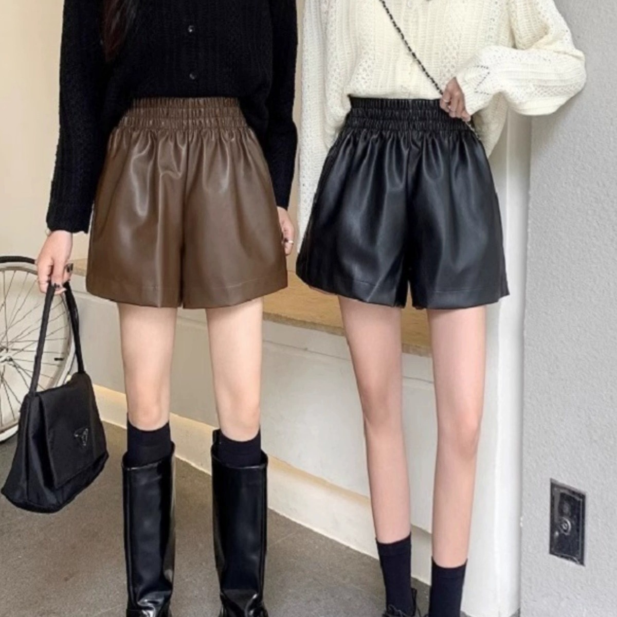Leather shorts women's autumn and winter 2023 new high waist slimming A- line wide-leg pants PU leather casual bottoming outer wear boot pants