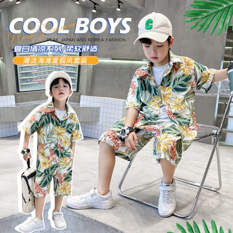 Boys' suit Hawaiian Flower Shirt Beach Vacation Foreign-style Baby suit Plutton Handsome Shirt Children's Sanya Island Clothes