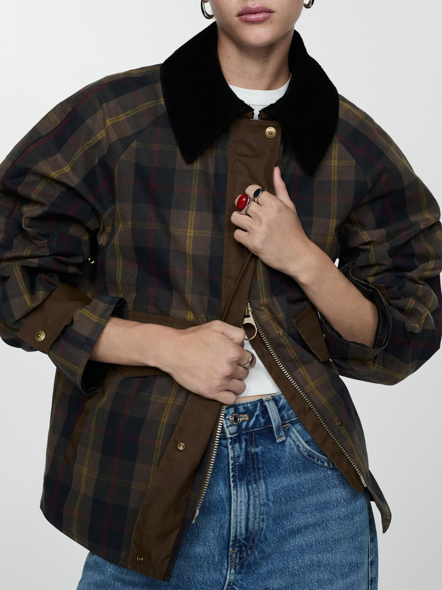 2024 Spring and Autumn European and American Cross-Border Popular Plaid Fur Collar Jacket with Zipper Decorative Buckle, Fashionable and Unique Street Retro Style