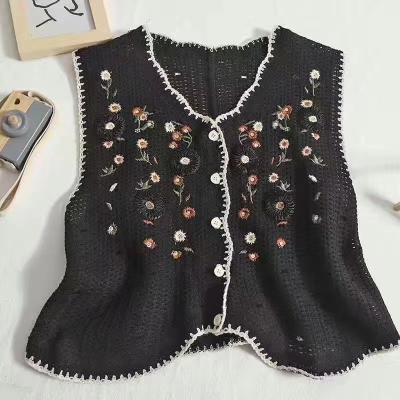 Picture of Autumn and Winter Short Sleeveless Small Flower Embroidered Single Row Multi-Buckle Vest Women's Outer Wear Fashionable Hollow Crochet Top Cardigan