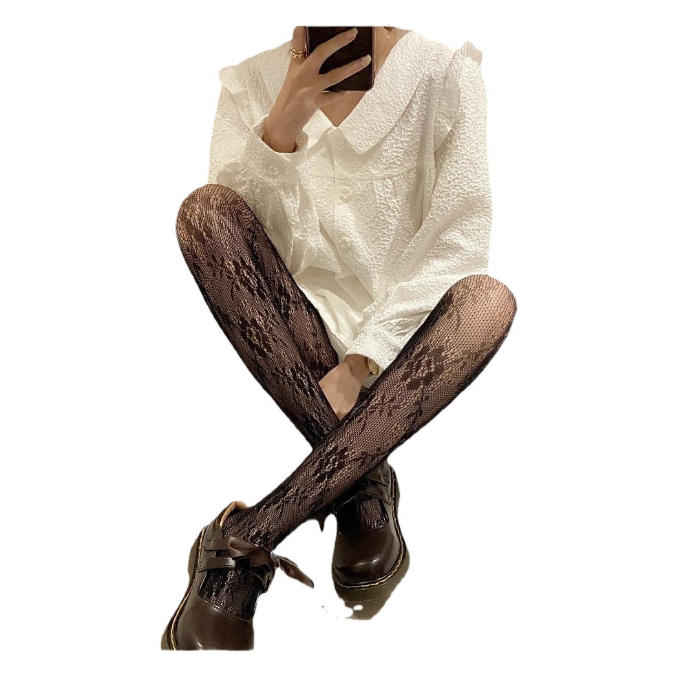 Japanese Style White Lace Net Stockings ins Rose Base Pantyhose Vintage Vine Flower Silk Stockings Women's Black Silk Thin