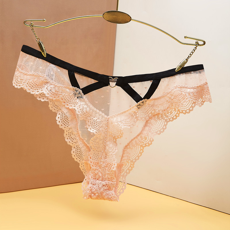 European and American Large Size Lace Mesh Polka Dot Thong Women's Transparent Cut Out Seamless Low-Waist Cotton Crotch Triangle T-Pants