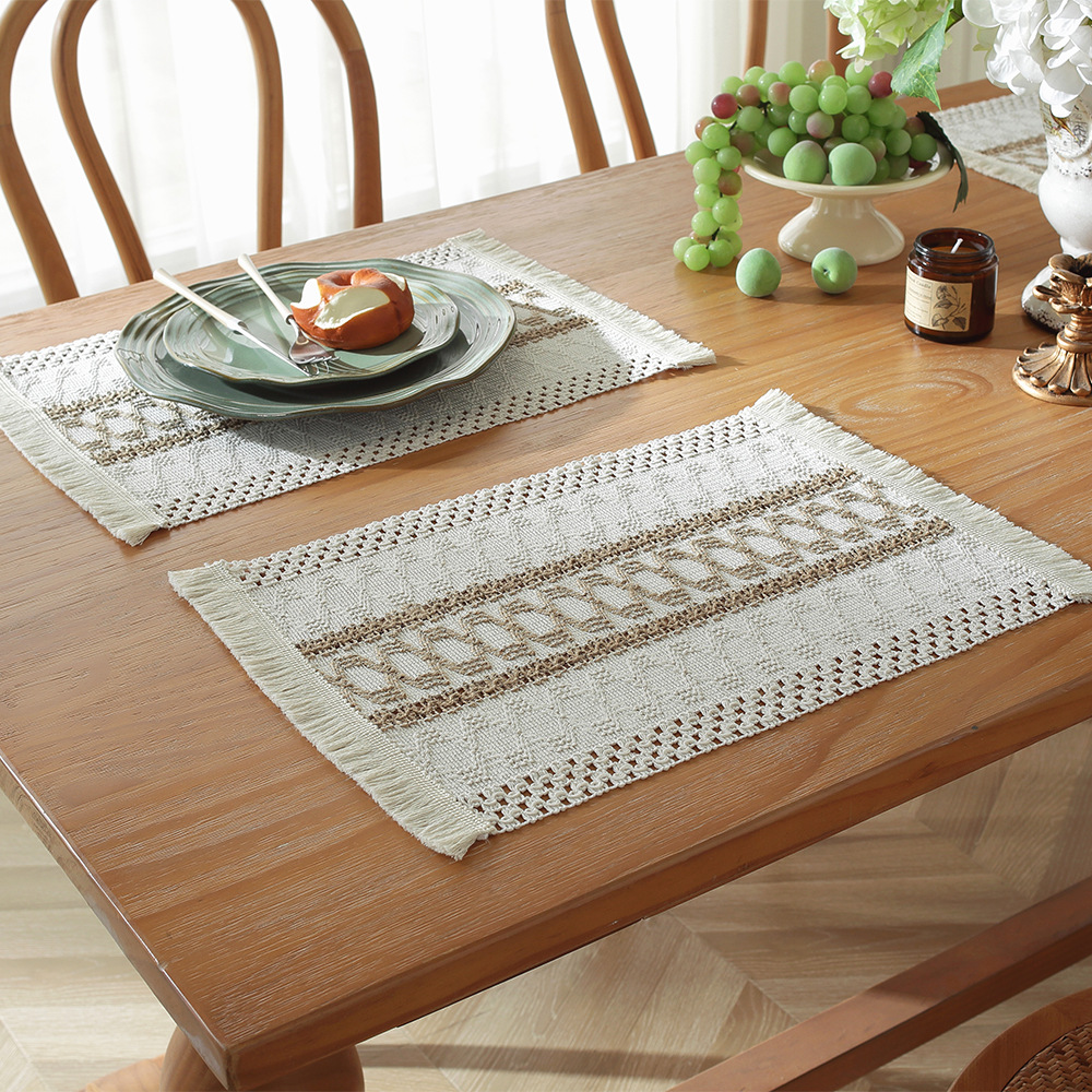 Picture of Amazon new cotton and hemp rope placemat holiday placemat woven color matching striped tassel bowl mat spot wholesale