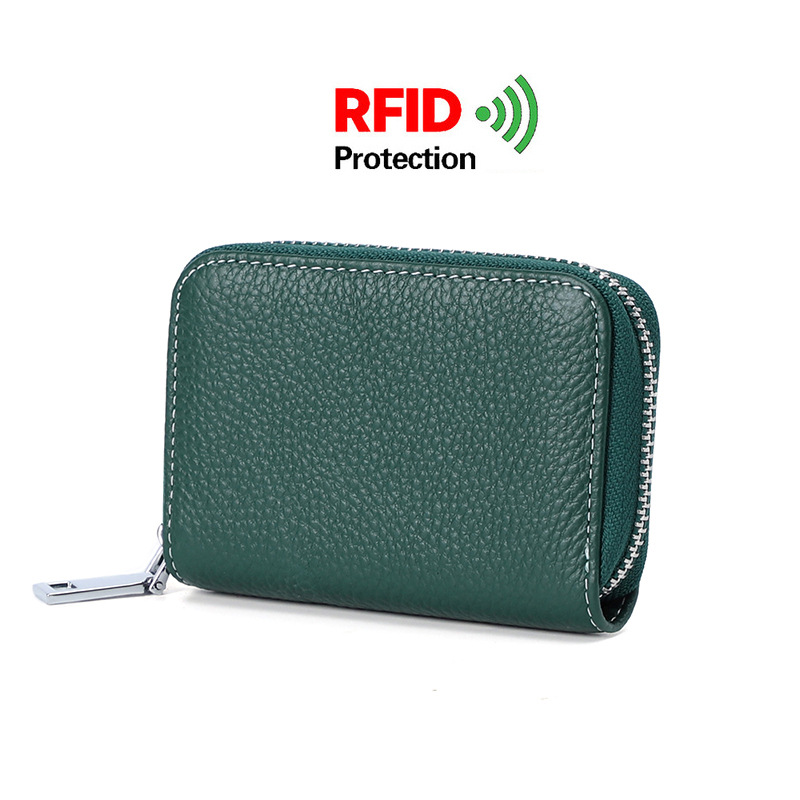Picture of Zipper card holder unisex first layer cowhide rfid anti-theft brush magnetic leather female card holder