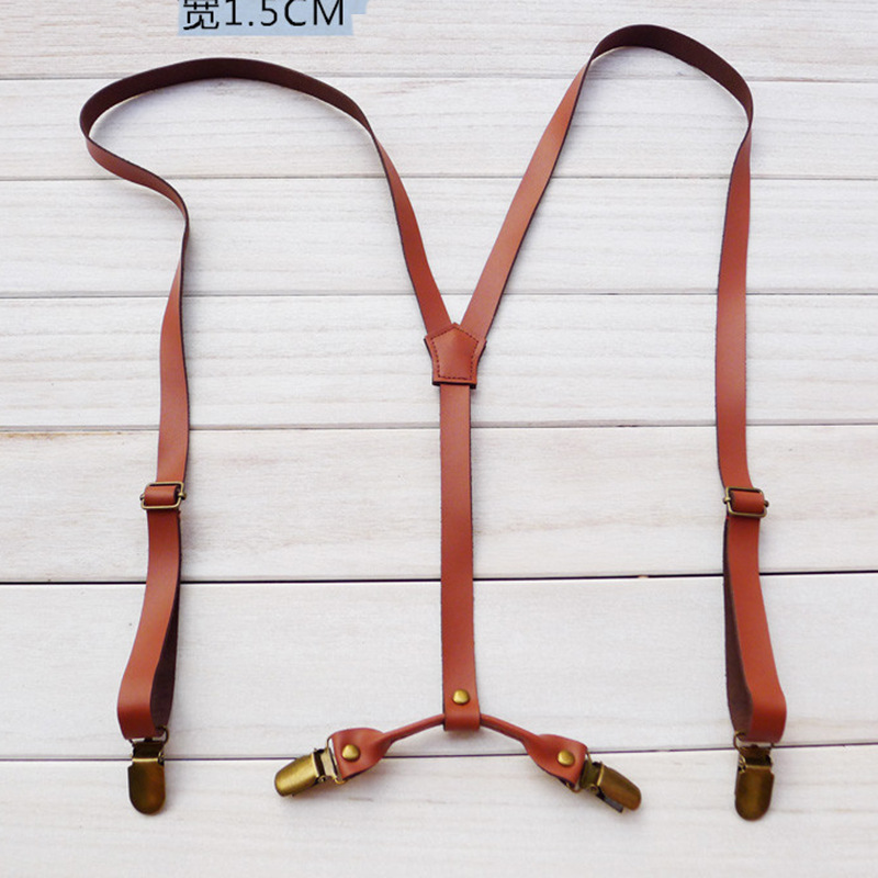 Retro British Suspender Clip for Men and Women with Trousers 4 Clips Copper-Colored Clip Buckle Two-Layer Leather Shoulder Straps 1.5cm