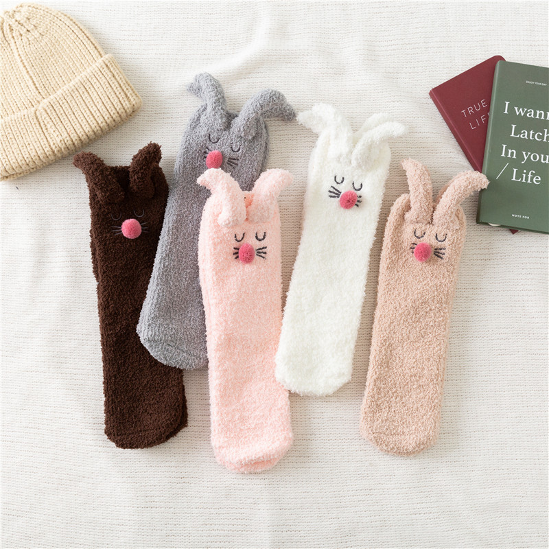 Autumn and winter New thickened fleece-lined warm women's socks cute rabbit ears coral velvet home floor socks sleep socks