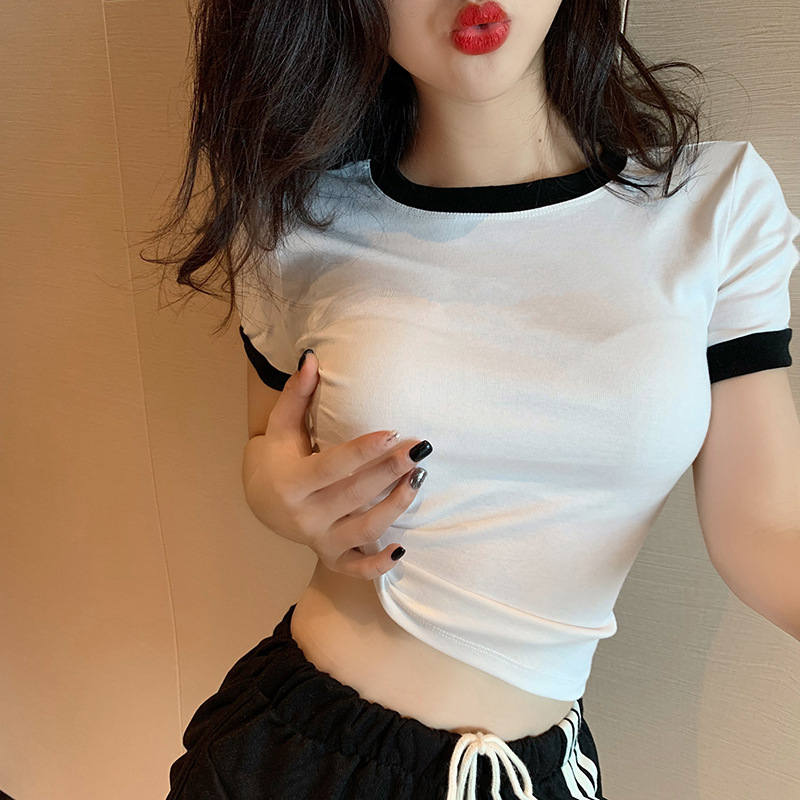 Navel Top 2022 Summer New Contrast Color Slim-Fit Slimming Short Design Sense Caution Short-Sleeved T-Shirt Women's Trendy