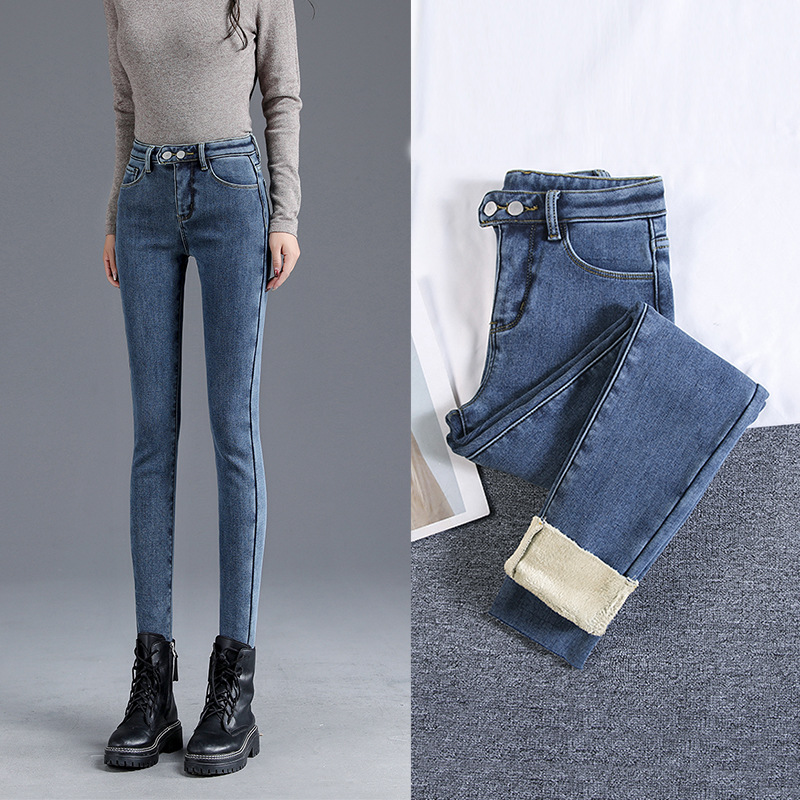 Fleece-lined Leggings Jeans Women's Autumn and Winter 2023 New High Waist Slimming All-match Tight Leggings Trendy Ankle-length Pants