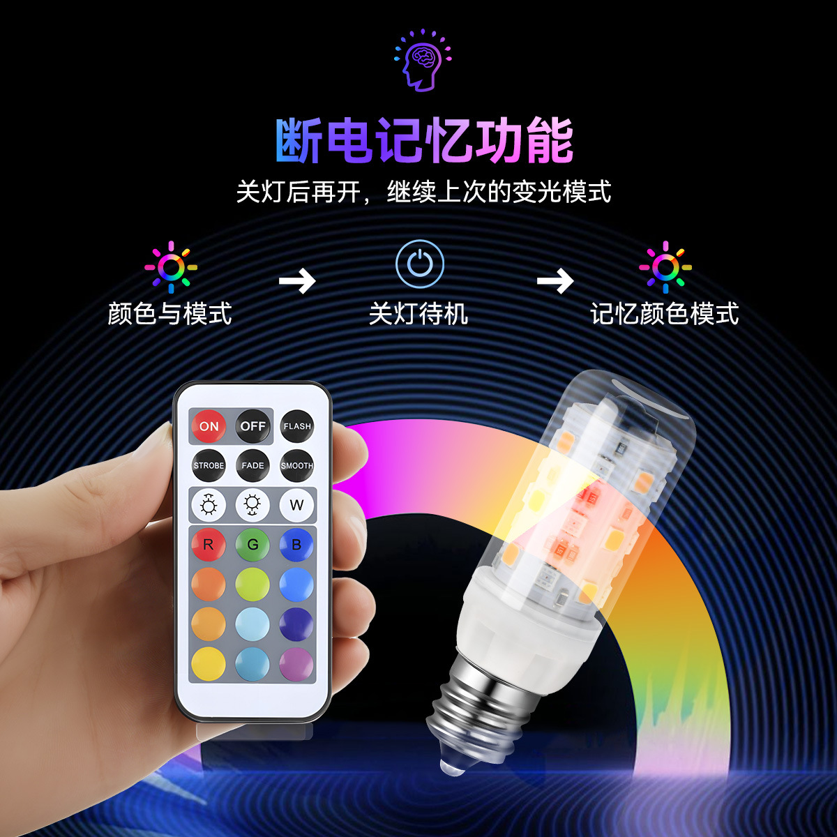 Picture of New E12RGB wide voltage IR remote control LED light e12 bulb infrared reception 21 keys remote control European and American voltage universal