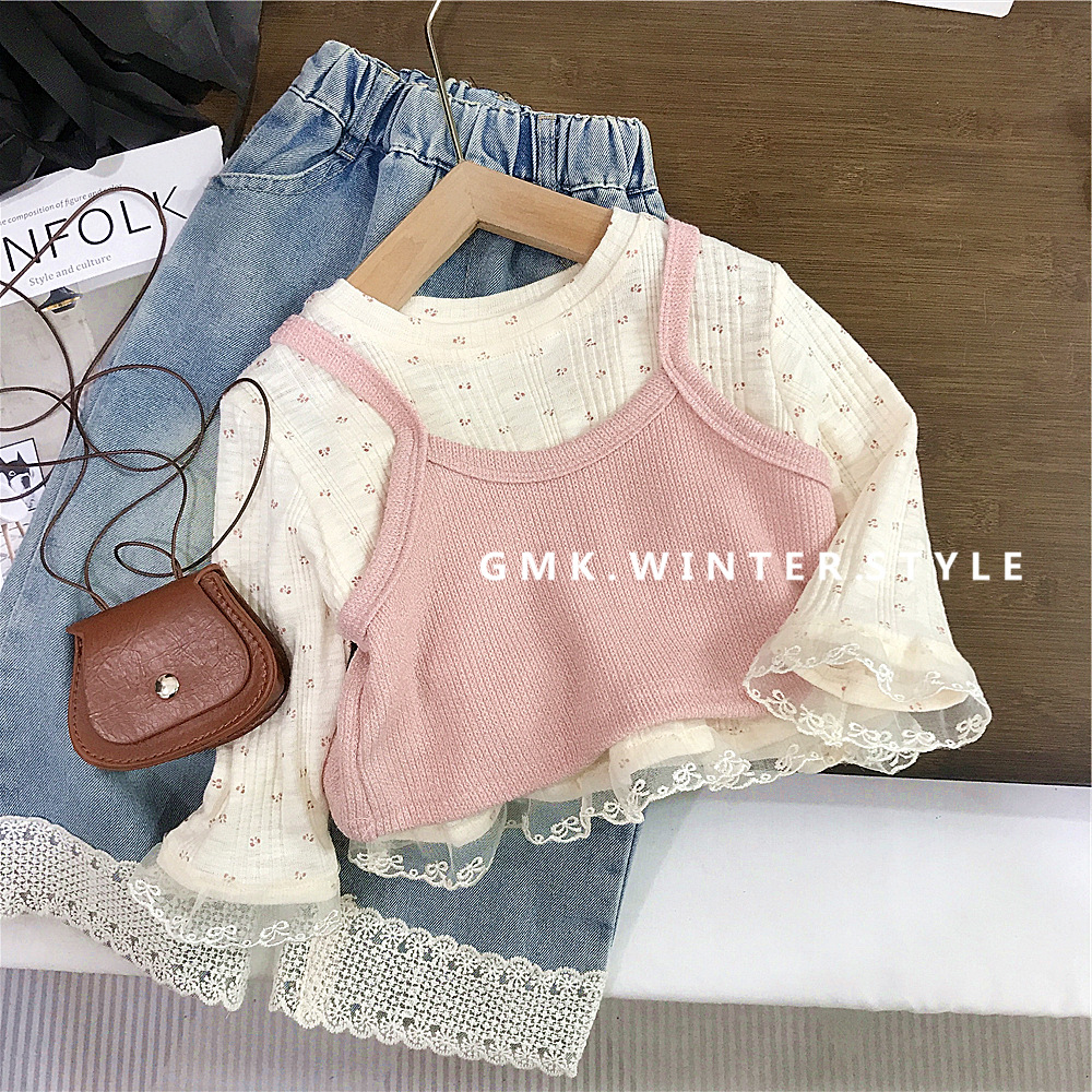 Picture of Girls' Spring 2025 New Stylish Floral Shirt Spring and Autumn Fashion Long Sleeve T-Shirt Sling Two-piece Top