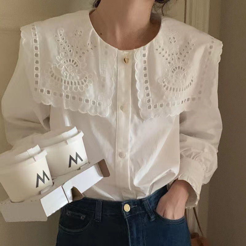 South Korea chic early spring French style hollow embroidered large lapel single-breasted fashion age-reducing white shirt Women's inner top