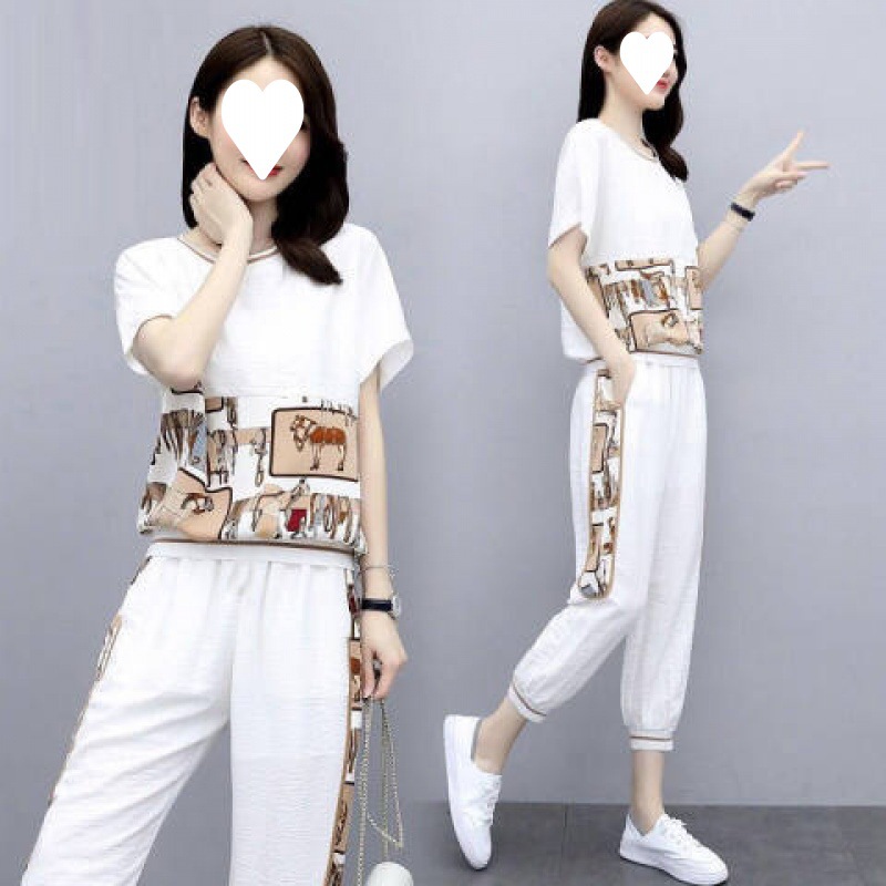 Fashion sports suit women's plus size women's clothing 2023 Summer new western style loose slimming casual short sleeve two-piece suit