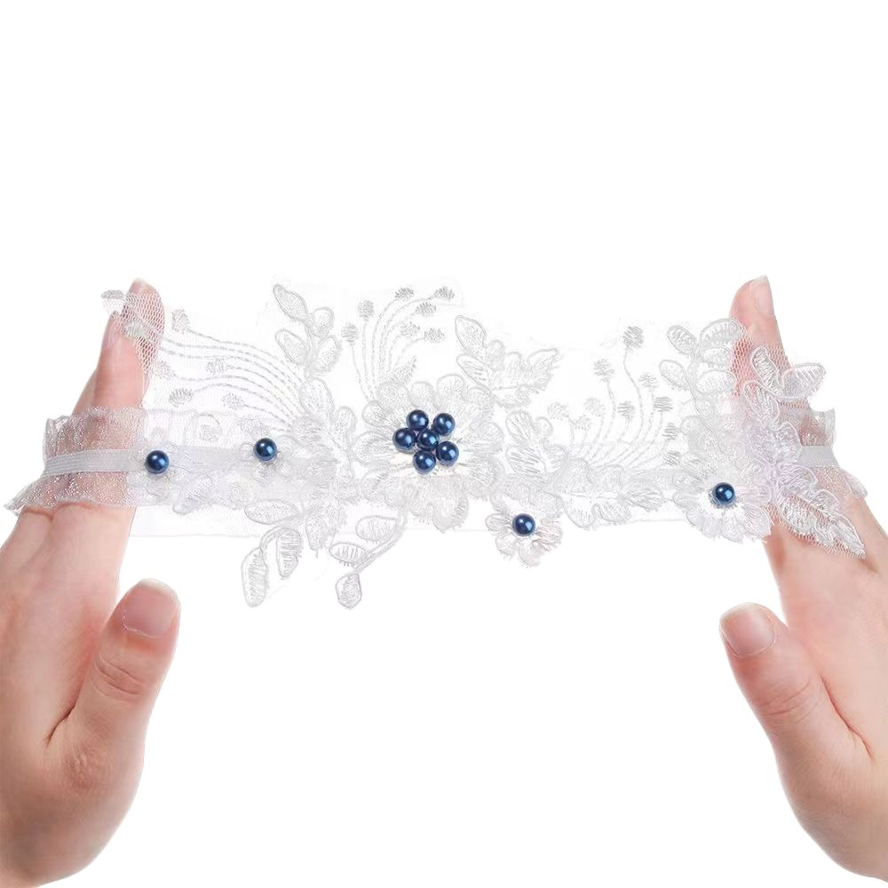 European and American bridal lace stockings with blue pearl garter sexy elastic leg ring wedding garter factory
