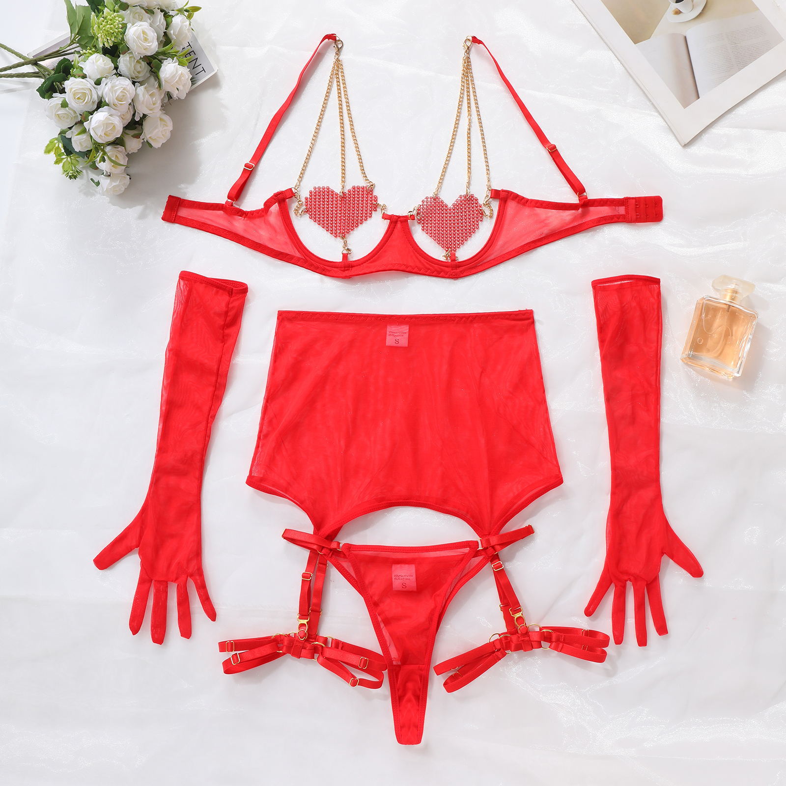 INS European and American Cross-border Internet Celebrity Sex Underwear Breast-exposed Love Chain Sexy Perspective Mesh Five-piece Set for Women