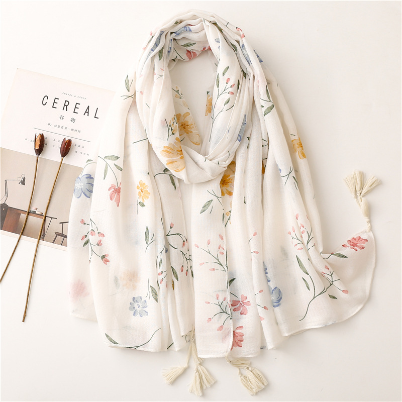 Elegant fresh cotton and linen hand scarf women's white floret floral printed decorative handmade tassel scarf shawl