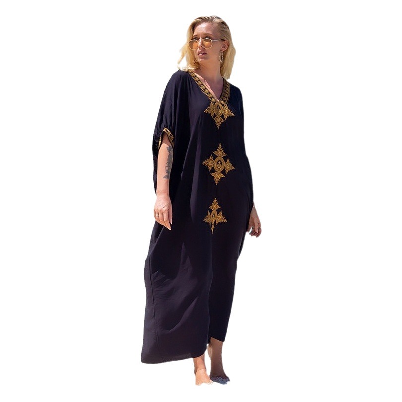 European and American Rayon Embroidered Vacation Loose Large Size Long Skirt Beach Outwear Long Skirt Women's Bikini Outer Cover-Up