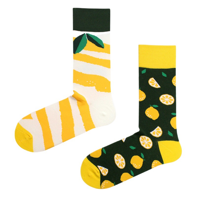 Beer Print Socks for Women, Asymmetrical Mid-Calf Men's Socks, Trendy Personalized Creative Illustrations, Yellow Cartoon Stockings