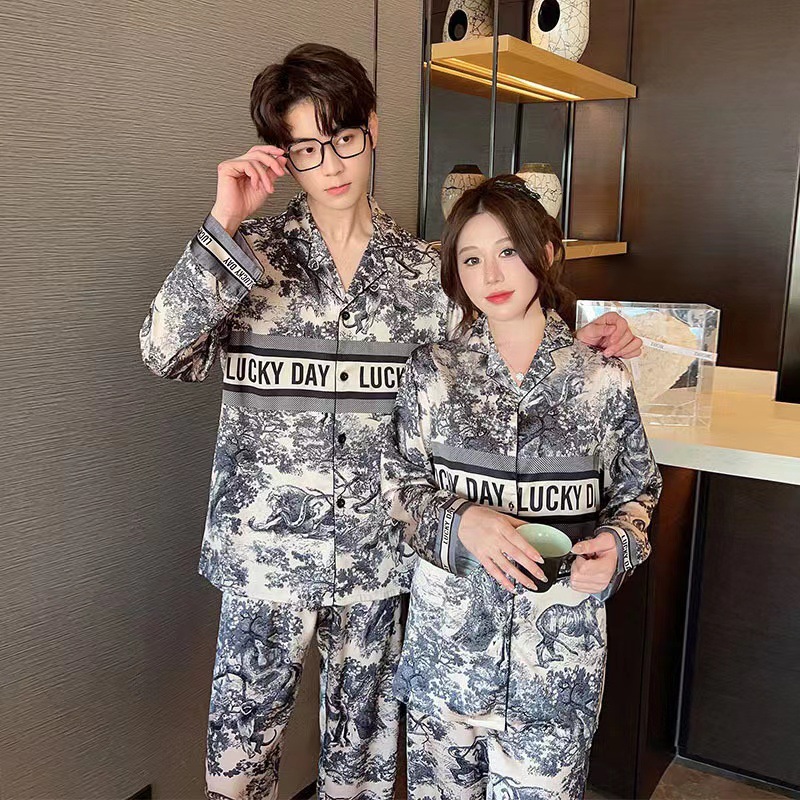 Pajamas Spring and Autumn Women's 2023 New Ice Silk Long Sleeve Ink Printing Couple's Home Clothes Men's Autumn and Winter Two-Piece Set