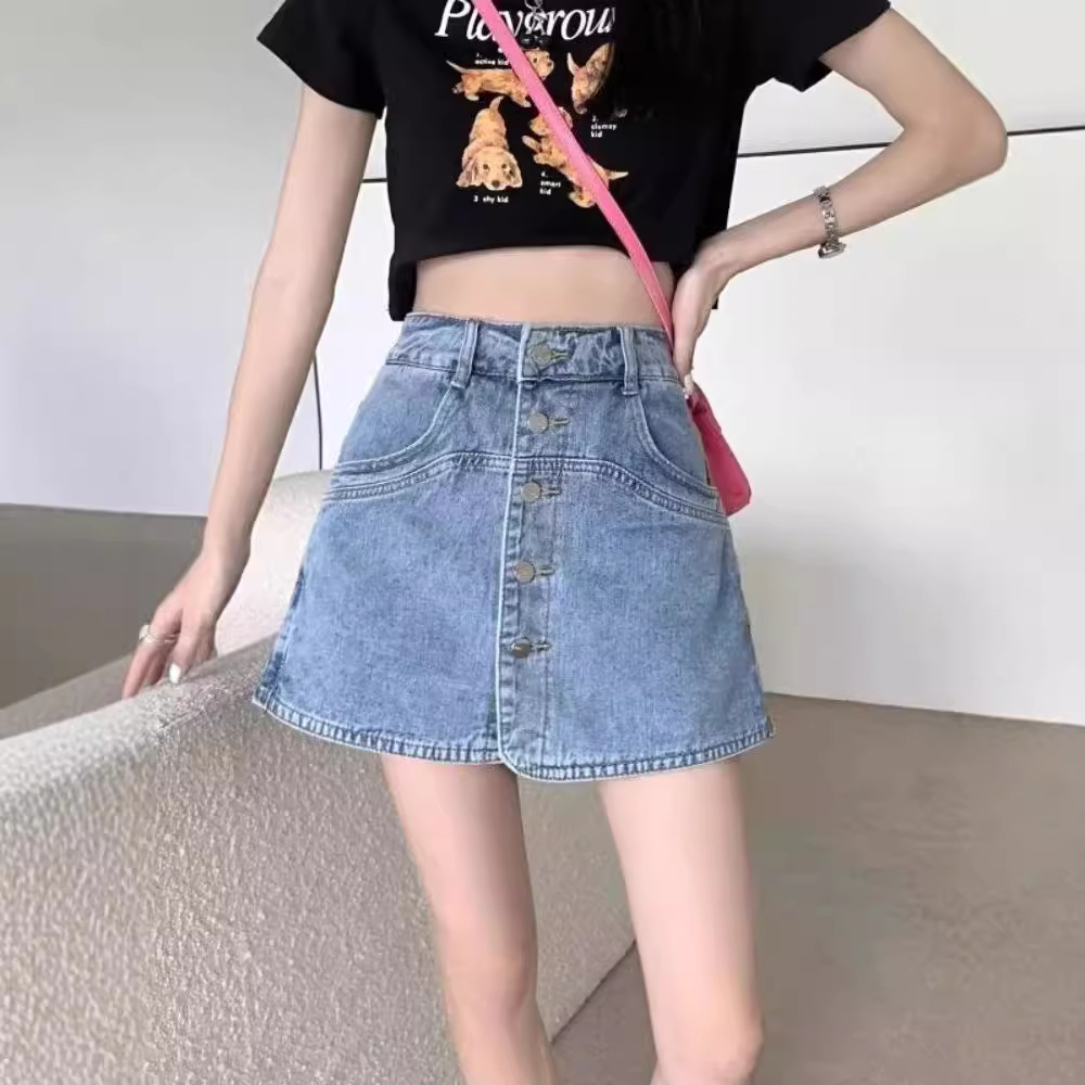 Hot Girls Anti-glare Denim Skirt Women's Summer 2024 New High Waist Slim-fit Slimming A- line Hip Short Pants Skirt