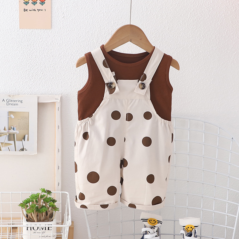 Picture of Summer new girls' fashion dot printed short-sleeved cotton suspender pants two-piece suit source factory wholesale