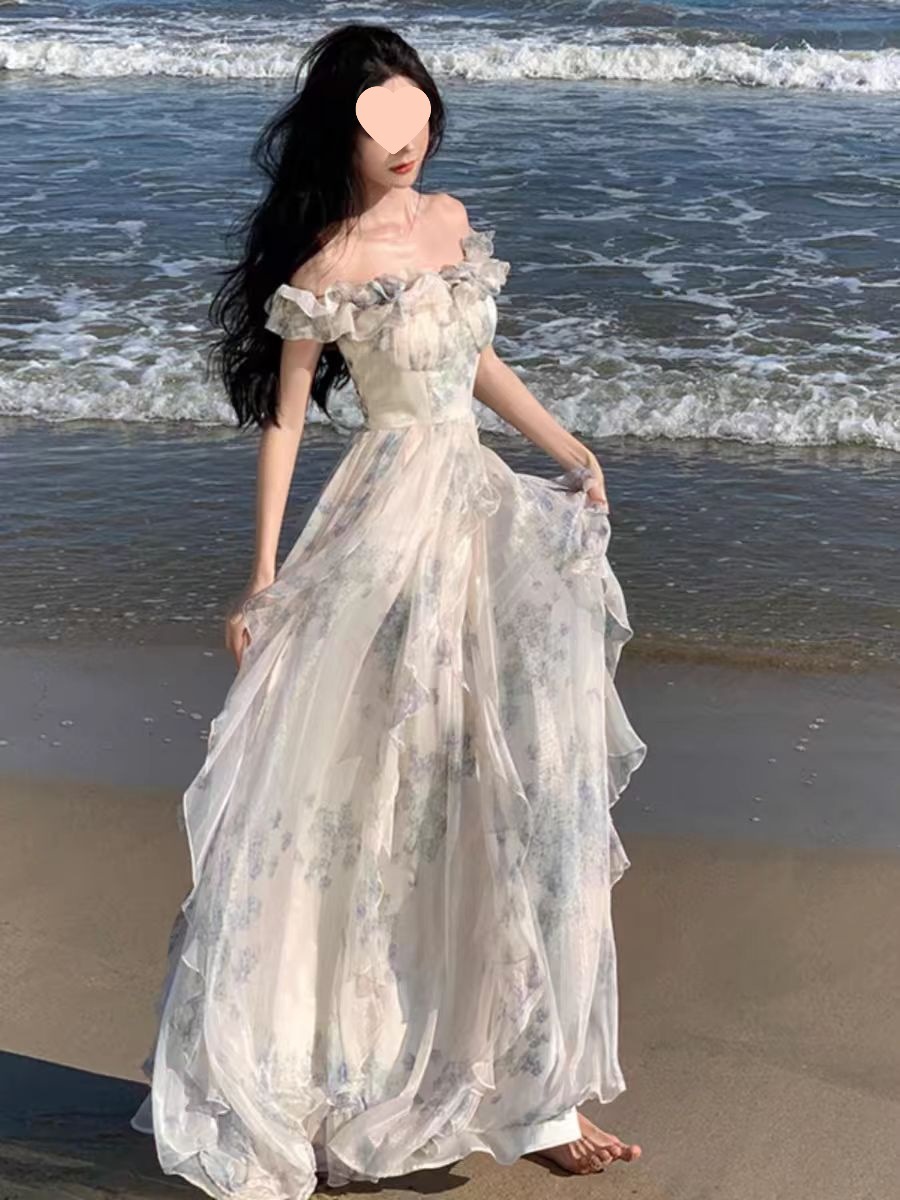 Seaside Holiday Style Slip Skirt Yarn French Ruffled Beach dress Atmosphere Big Fairy Dress for Summer