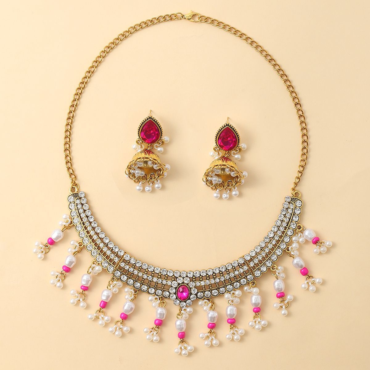 European and American Cross-border Pearl Tassel Drop Beads Exaggerated Necklace Earrings Women Bohemian Fashion Vintage Jewelry suit Women
