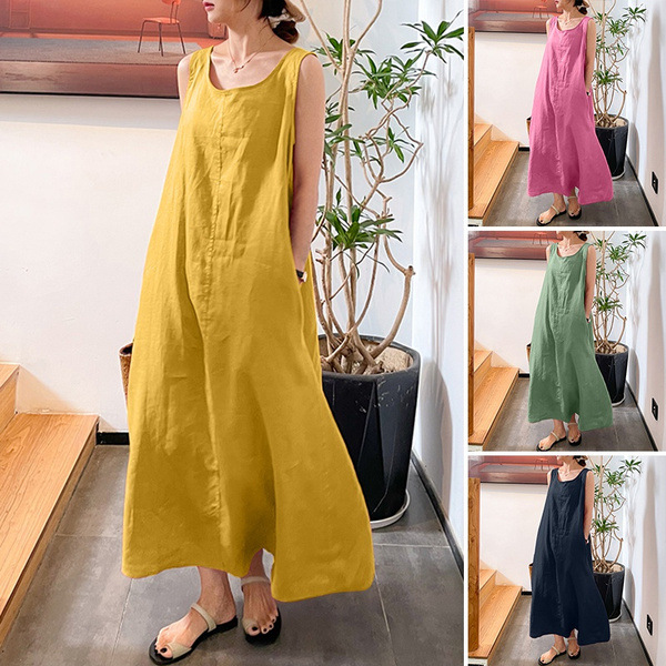 European and American summer new long strap cotton linen simple style loose pocket round neck temperament sleeveless dress women