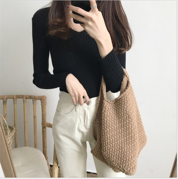 Picture of 2024 Korean Style V Neck Core-Spun Yarn Slimming Look Knitted Long-Sleeved Slim Tight Warm Bottoming Shirt Top Sweater for Women
