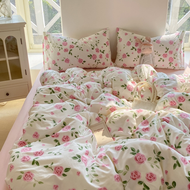 Picture of Mother and infant ins cloud feeling super soft washed wrinkled cotton four-piece set A floral fresh quilt cover dormitory bed sheets three-piece set