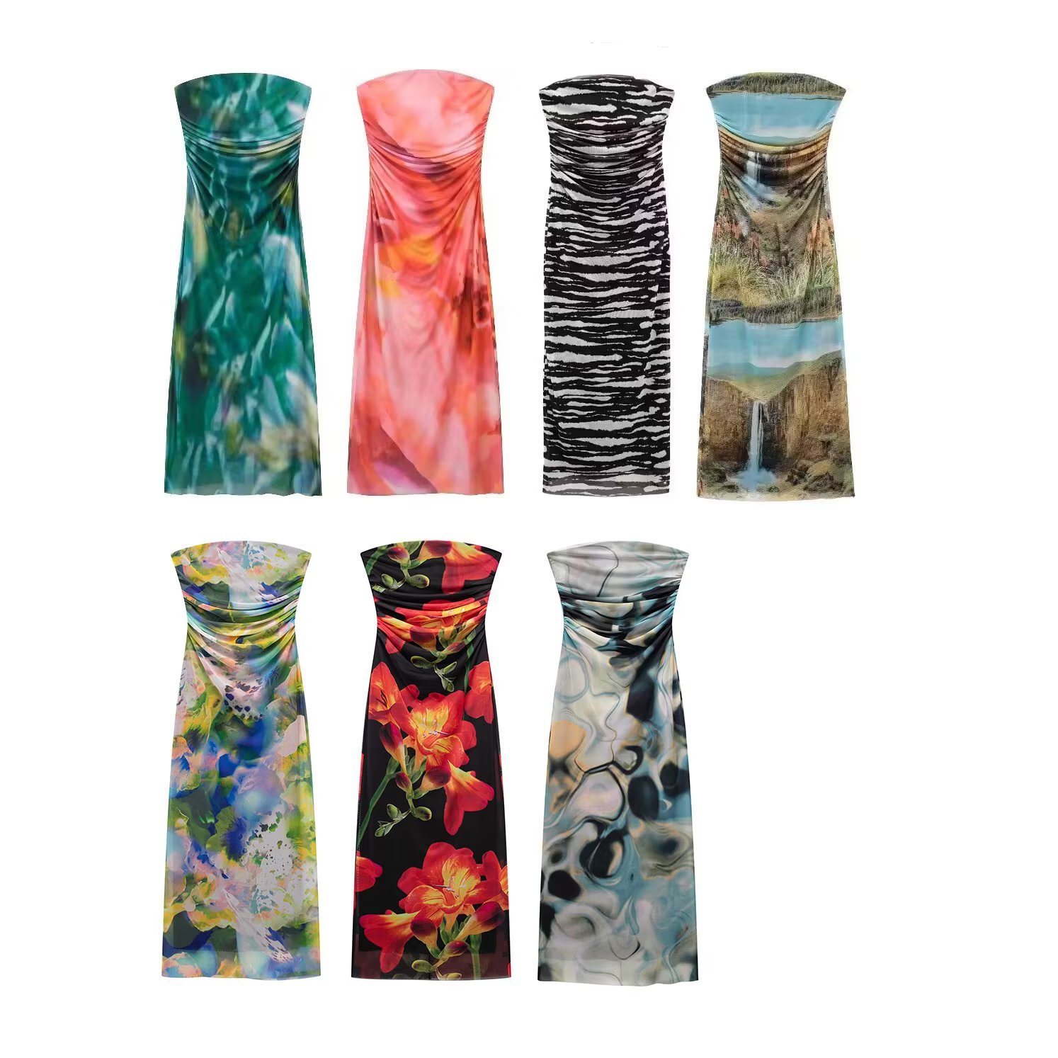 Women's European and American Fashion 2023 Summer Printed Silk Mesh Tube Top Dress KK6-66398
